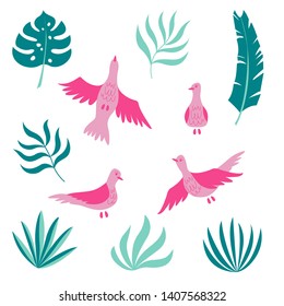 Tropical vector leaves and birds set on white background. 