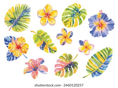 Tropical vector leaves and flowers isolated on a white background.