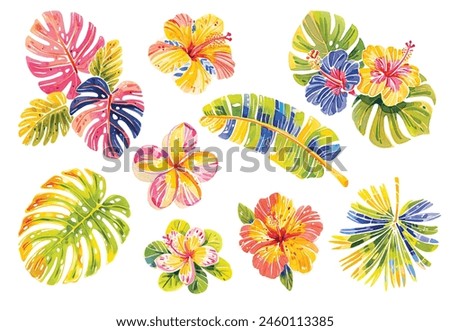 Tropical vector leaves and flowers isolated on a white background.