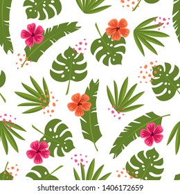 Tropical vector leaves and flowers seamless pattern white background. Exotic green wallpaper.