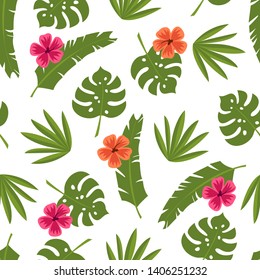 Tropical vector leaves and flowers seamless pattern white background. Exotic green wallpaper.