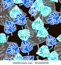 Tropical vector leaves monstera repeating tile pattern. Floral blue black seamless hand graphic leafs background foliage jungle nights exotic leaves