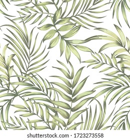 Tropical vector leaves pattern. Botanical illustration with palm leaves. Seamless background.