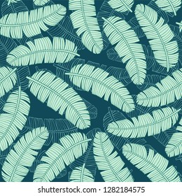 Tropical vector leaves seamless pattern. palm banana tree leaves, jungle leaf seamless vector, floral exotic wallpaper. Feathers background