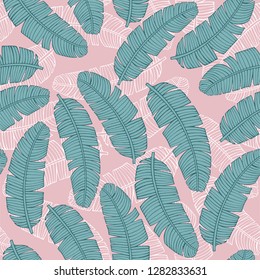 Tropical vector leaves seamless pattern. green and blue palm banana tree leaves on pink, jungle leaf seamless vector, floral exotic wallpaper. Feathers background