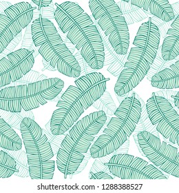 Tropical vector leaves seamless pattern. palm banana tree leaves, jungle leaf seamless vector, floral exotic wallpaper. Feathers background