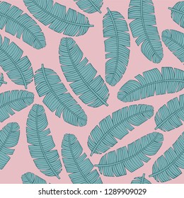 Tropical vector leaves seamless pattern. green and blue palm banana tree leaves on pink, jungle leaf seamless vector, floral exotic wallpaper. Feathers background