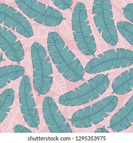 Tropical vector leaves seamless pattern. green and blue palm banana tree leaves on pink, jungle leaf seamless vector, floral exotic wallpaper. Feathers background