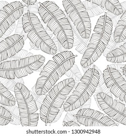 Tropical vector leaves seamless pattern. black and white palm banana tree leaves, jungle leaf seamless vector, floral exotic wallpaper. Feathers background