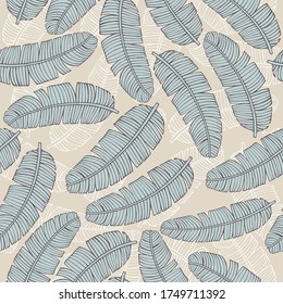 Tropical vector leaves seamless pattern. palm banana tree leaves on pink, jungle leaf seamless vector, floral exotic wallpaper. Feathers background