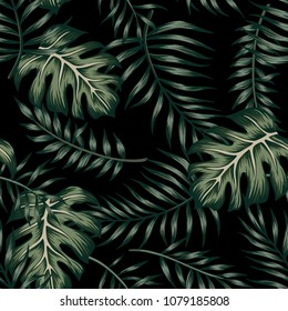 Hojas tropicales vectoriales de palma de fondo negro sin fisuras. Papel tapiz de la selva exótica.