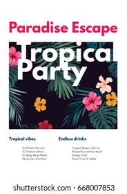 Tropical vector party flyer design with bright hibiscus flowers and exotic palm leaves on dark background.