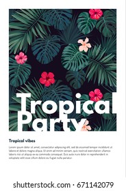 Tropical vector party flyer design with bright hibiscus flowers and exotic palm leaves on dark background.