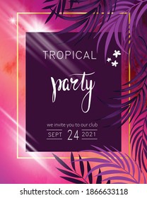 Tropical vector party invitation. Exotic background with palm leaves. Jungle creative banner.