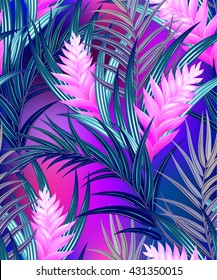 tropical vector pattern with amazing detailed flowers illustrations. For fashion, interior, wall paper. Editable vector elements, vibrant dark colors. pink quill (bromeliad) flower