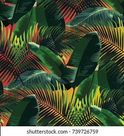 Tropical vector pattern with banana and palm leaves. Botanical background with exotic plants