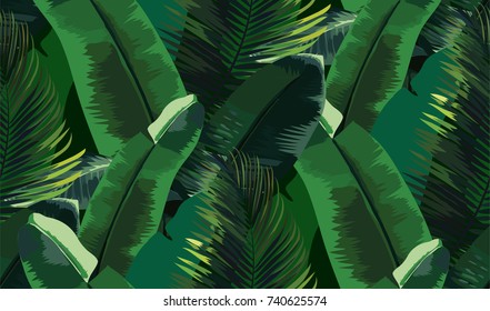 Tropical vector pattern with banana and palm leaves. Botanical background with exotic plants