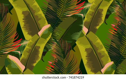 Tropical vector pattern with banana and palm leaves. Neon Botanical background with exotic plants and flowers