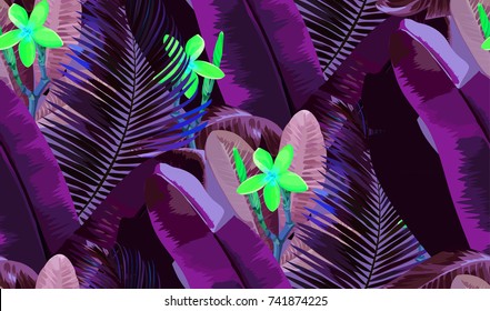 Tropical vector pattern with banana and palm leaves. Neon Botanical background with exotic plants and flowers