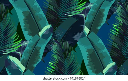 Tropical vector pattern with banana and palm leaves. Botanical background with exotic plants 