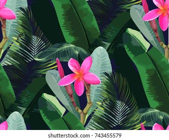 Tropical vector pattern with banana and palm leaves. Botanical background with exotic plants and  flowers plumeria