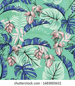 Tropical vector pattern with beautiful flowers and palm leaves. Seamless summer pattern. Clothes print.