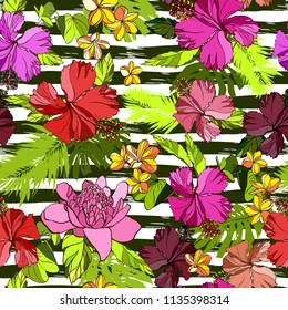 Tropical vector pattern blossom flowers palm leaves, banana, monstera leaf. vector exotic plants beautiful hands graphic for floral design textiles fabric