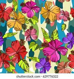 Tropical vector pattern camouflage repeating background. Artistic work military background colorful exotic print. Military vector backdrop Palm leafs.