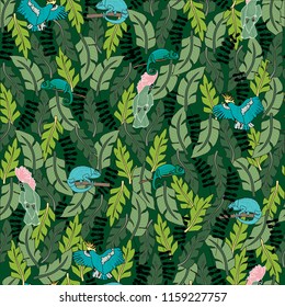 Tropical vector pattern with chameleon and parrot. Summer background.