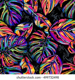 Tropical vector pattern in fashion, trend color palette. Hand-drawn fantastic multicolor leaves a black background