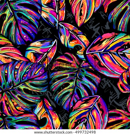 Tropical vector pattern in fashion, trend color palette. Hand-drawn fantastic multicolor leaves a black background