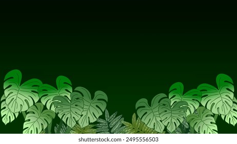 tropical vector pattern featuring lush green monstera and other leaves against a dark green background. Perfect for fabric design, wallpapers, and digital projects.