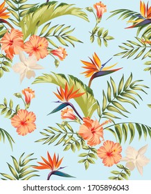 Tropical vector pattern with hibiscus, orchid, palm leaves.Exotic style. Seamless botanical print for textile, print, fabric on dark background