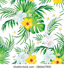 Tropical vector pattern with hibiscus, orchid, palm leaves.Exotic style. Seamless botanical print for textile, print, fabric on dark background