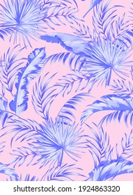 Patrón vectorial tropical con hibiscos, orquídeas, hojas de palma. Estilo exótico. Impresión botánica sin fisuras para textiles, impresión, tela sobre fondo oscuro