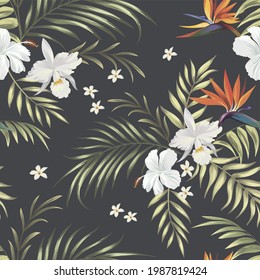 Tropical vector pattern with hibiscus, orchid, palm leaves.Exotic style. Seamless botanical print for textile, print, fabric on dark background