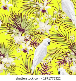 Tropical vector pattern with hibiscus, orchid, palm leaves.Exotic style. Seamless botanical print for textile, print, fabric on dark background