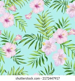 Tropical vector pattern with hibiscus, orchid, palm leaves.Exotic style. Seamless botanical print for textile, print, fabric on dark background