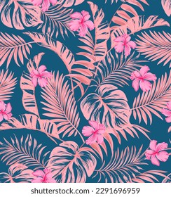 Tropical vector pattern with hibiscus, orchid, palm leaves.Exotic style. Seamless botanical print for textile, print, fabric on dark background