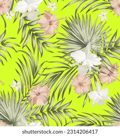 Tropical vector pattern with hibiscus, orchid, palm leaves.Exotic style. Seamless botanical print for textile, print, fabric on dark background