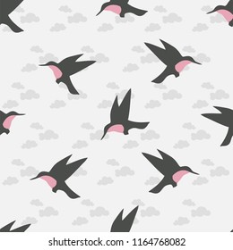 Tropical vector pattern with Hummingbird. Little tropical bird silhouette. Vector. Seamless pattern