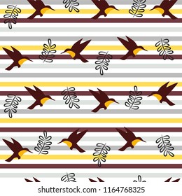 Tropical vector pattern with Hummingbird. Little tropical bird silhouette with leaves. Vector. Seamless pattern