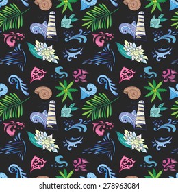 Tropical Vector Pattern on Black | Seamless travel, vacation background with sea symbols and wave spa signs for touristic design