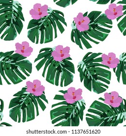 Tropical vector pattern with palm leaves and flowers. Exotic vector illustration isolated on background. Tropical wallpaper for clothes, textile, wrapping paper