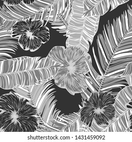 Tropical, vector, pattern palm leaves and tropical flowers. Exotic Wallpaper