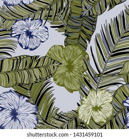 Tropical, vector, pattern palm leaves and tropical flowers. Exotic Wallpaper