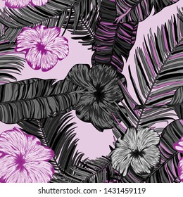 Tropical, vector, pattern palm leaves and tropical flowers. Exotic Wallpaper