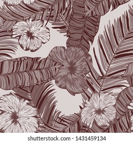 Tropical, vector, pattern palm leaves and tropical flowers. Exotic Wallpaper