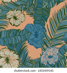 Tropical, vector, pattern palm leaves and tropical flowers. Exotic Wallpaper