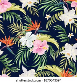 Tropical vector pattern with palm leaves, hibiscus flowers and frangipani. Botanical seamless print. Summer illustration.